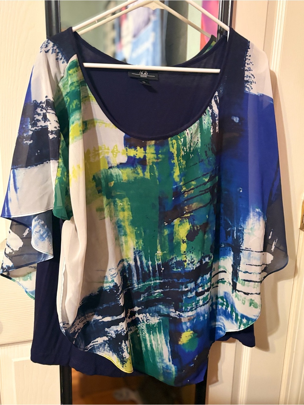 2 /15$AGB Blue, Green & Yellow Abstract Draped Blouse